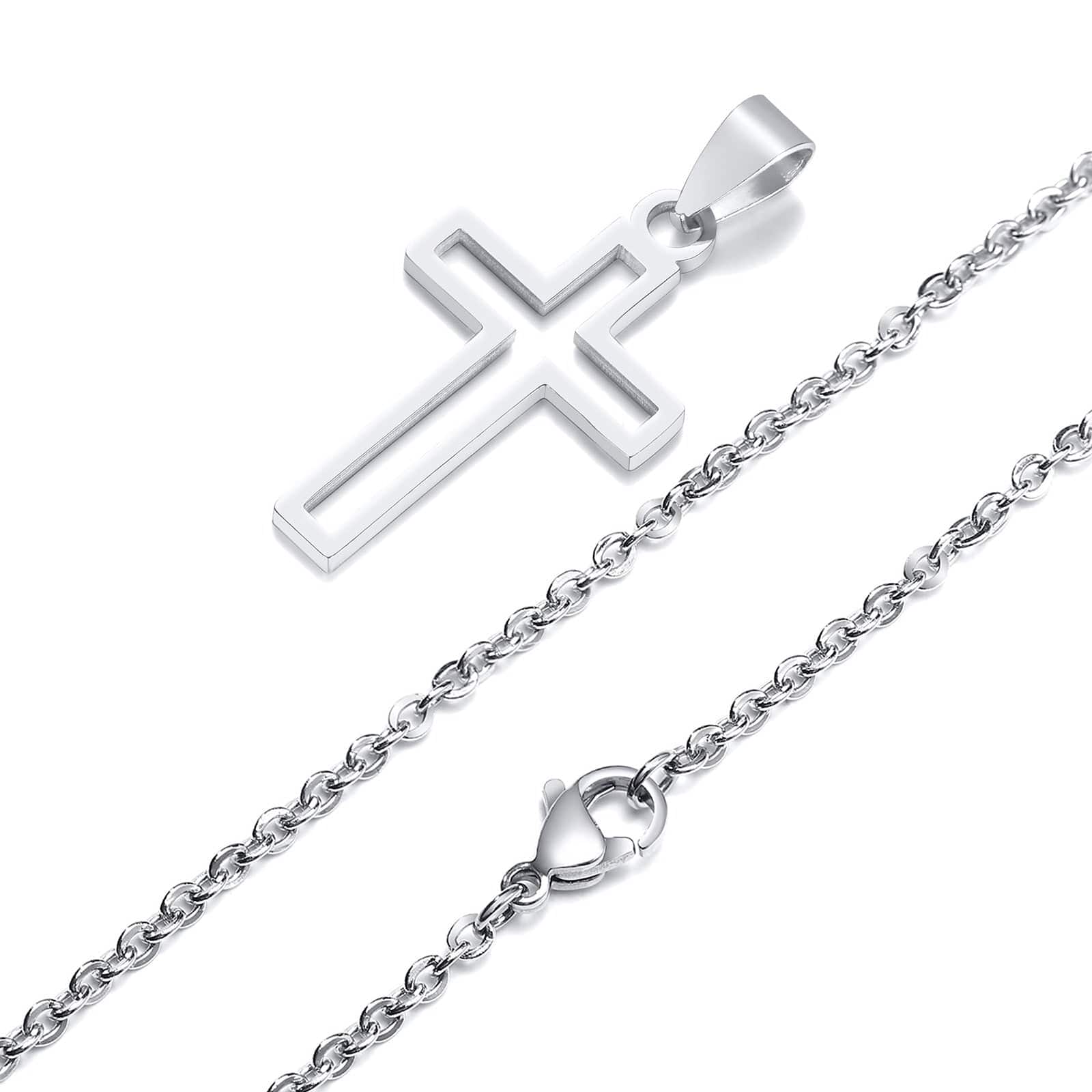 Showlu Fashion Store 0 Silver - O chain / 45cm Vnox Cutout Cross Necklace for Men Women, Stainless Steel Hollow Cross Pendant with 24" Box Chain, Religious Faith Christ Collar