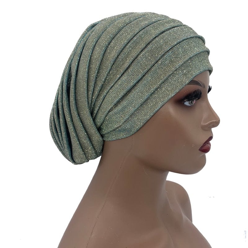 Showlu Fashion Store 0 sky blue gold Glitter Full Body Pleated Turban Cap for Women 2023 Lady Head Wraps Muslim Headscarf Hat Turbante Mujer African Headpiece