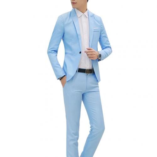 Showlu Fashion Store 0 Sky Blue / M 2Pcs/ 1 Set Fashion Men Solid Color Lapel Button Long Sleeve Slim Blazer Suit Pants for Men Wedding Office Meeting Male Clothing