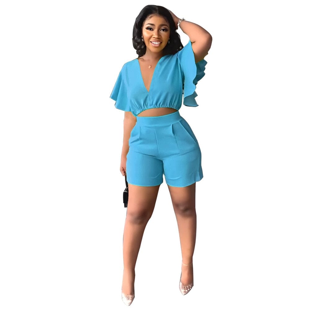 Showlu Fashion Store 0 Sky Blue / S Fashion Two Piece Set Women Sexy V Neck Ruffles Sleeve Crop Top &amp; Pockets Shorts Suit  Summer Street Solid Tracksuit Outfits