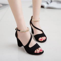 Showlu Fashion Store 0 spring summer sexy fish mouth hollow Roman sandals thick with word with beaded high heels female summer Sexy female sandals