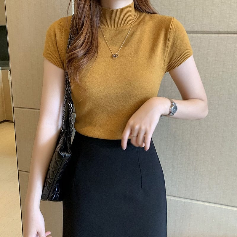  Showlu Fashion Store 0 Spring Summer Women Knitted T-Shirts Short Sleeve Shirts Tops Female Elastic Slim Casual Knit Tee Crop Tops Women's T-Shirts