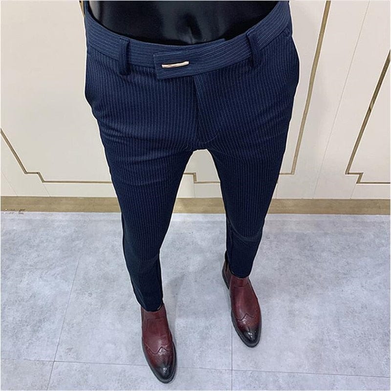 Showlu Fashion Store 0 Stripe Navy Blue / 28 Spring 2022 Men Pants Korean Slim Fit Men Casual Ankle Length Pants Streetwear Men High Quality Black Gray Dress Suit Pant Man