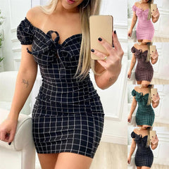 Showlu Fashion Store 0 Stylish Women Dress  Plaid Sexy Party Dress  Blackless Strapless Bodycon Dress