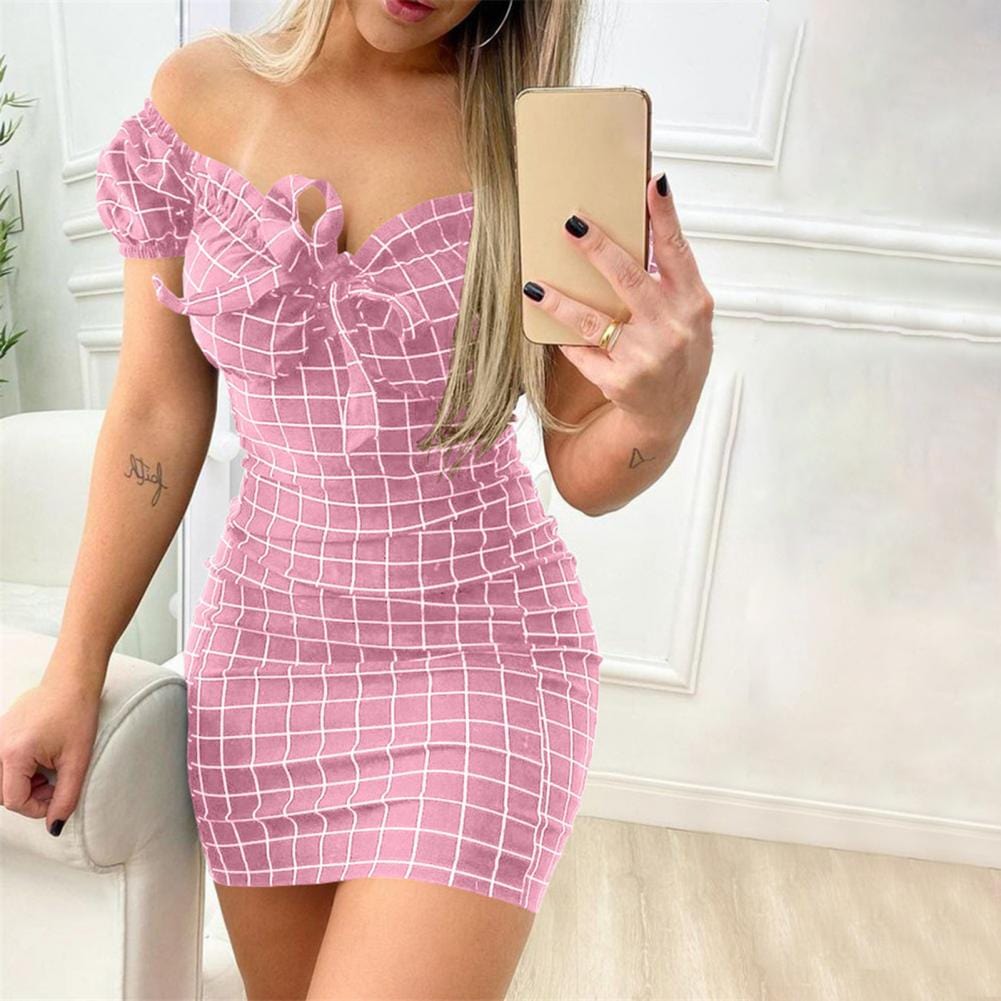 Showlu Fashion Store 0 Stylish Women Dress  Plaid Sexy Party Dress  Blackless Strapless Bodycon Dress