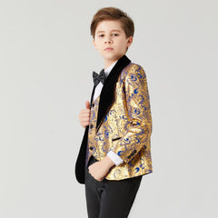 Showlu Fashion Store 0 Suit for Boy communion wedding dress for boy kids Costume Children&#39;s Blue Gold suit Boys&#39; black collar suit 3PCS   Flower Boys