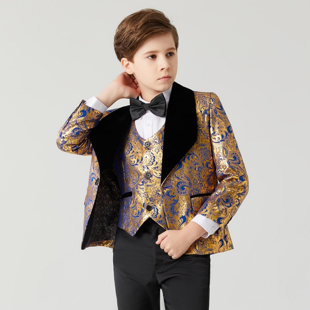 Showlu Fashion Store 0 Suit for Boy communion wedding dress for boy kids Costume Children&#39;s Blue Gold suit Boys&#39; black collar suit 3PCS   Flower Boys