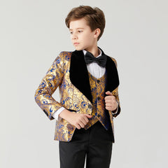 Showlu Fashion Store 0 Suit for Boy communion wedding dress for boy kids Costume Children&#39;s Blue Gold suit Boys&#39; black collar suit 3PCS   Flower Boys