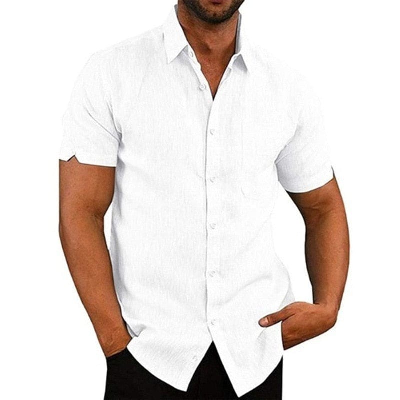 Showlu Fashion Store 0 Summer Cotton Linen Shirts For Men Casual Short Sleeved Shirts Blouses Solid Turn-Down Collar Formal Beach Shirts Male Clothing