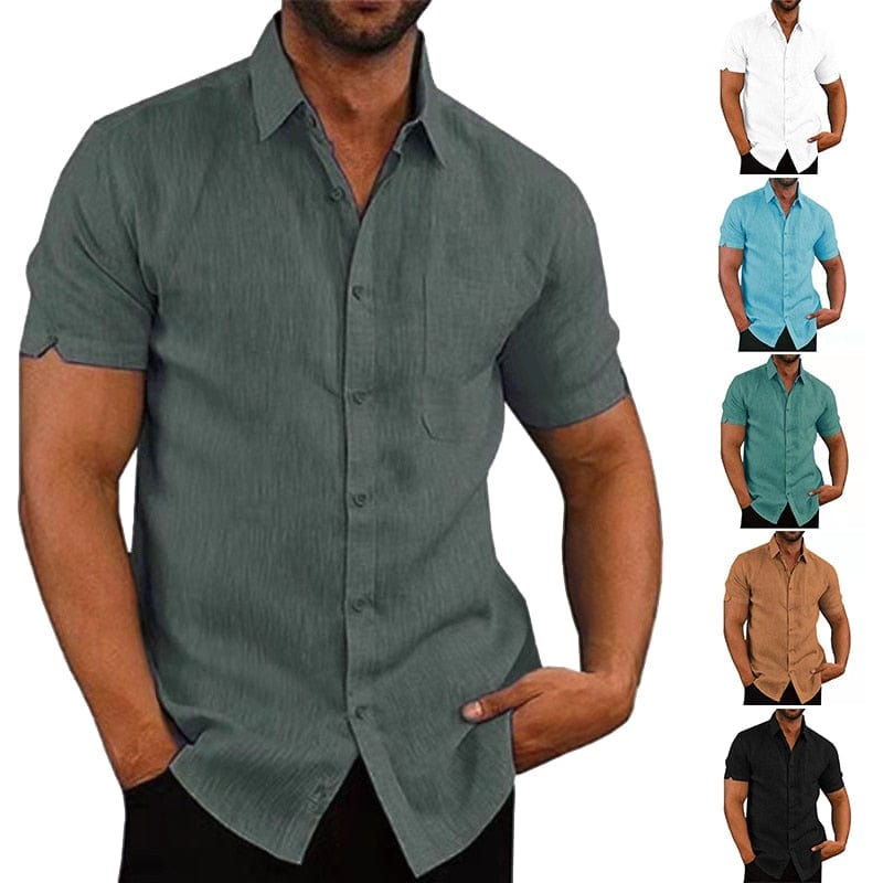 Showlu Fashion Store 0 Summer Cotton Linen Shirts For Men Casual Short Sleeved Shirts Blouses Solid Turn-Down Collar Formal Beach Shirts Male Clothing