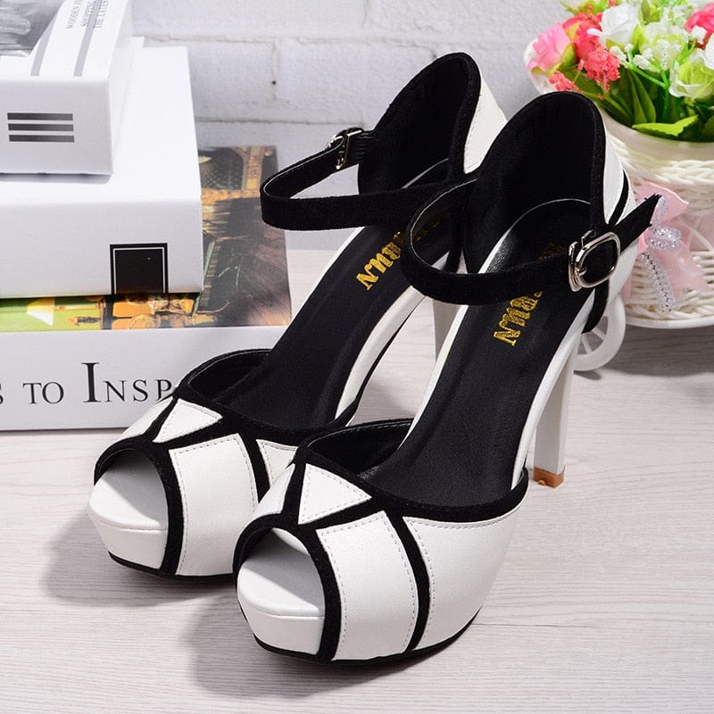 Showlu Fashion Store 0 Summer Hollow Buckle Women's Shoes European American Fight Color Fish Mouth Fine with High Heels Fashion Classic Banquet Female