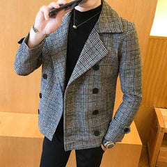 Showlu Fashion Store 0 Trend 2022 New double-breasted windbreaker fashion retro tartan coat large size 5XL slim short coat men&#39;s banquet party dress