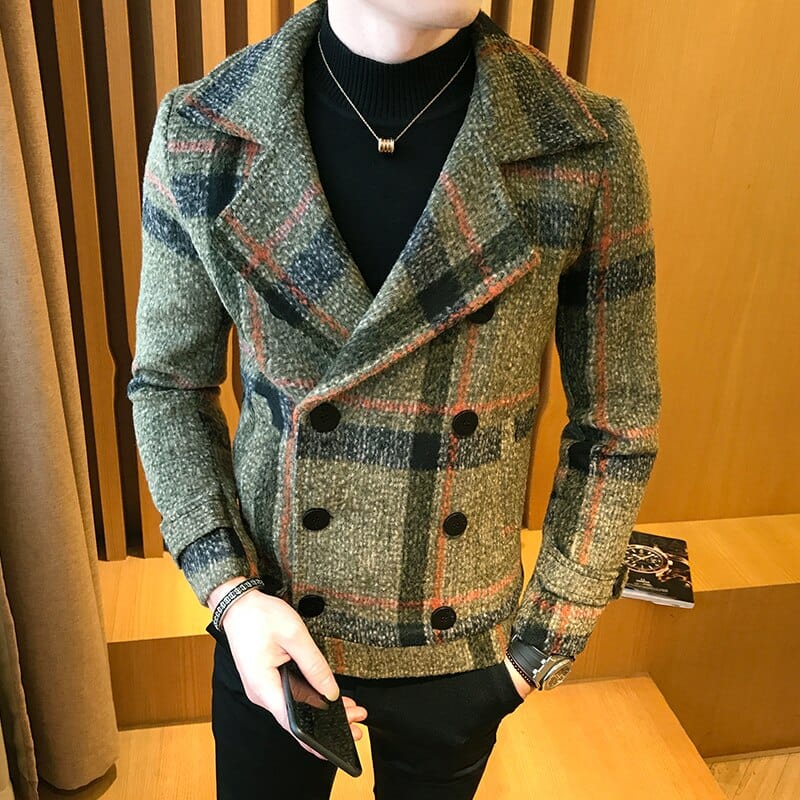 Showlu Fashion Store 0 Trend 2022 New double-breasted windbreaker fashion retro tartan coat large size 5XL slim short coat men&#39;s banquet party dress