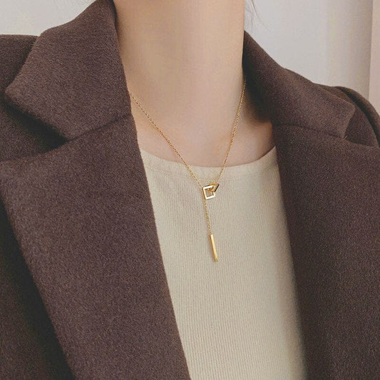 Showlu Fashion Store 0 Trendy Stainless Steel Gold/Silver Color Necklace For Women Charm Square Interlocking Long Pendant Clavicle Chain