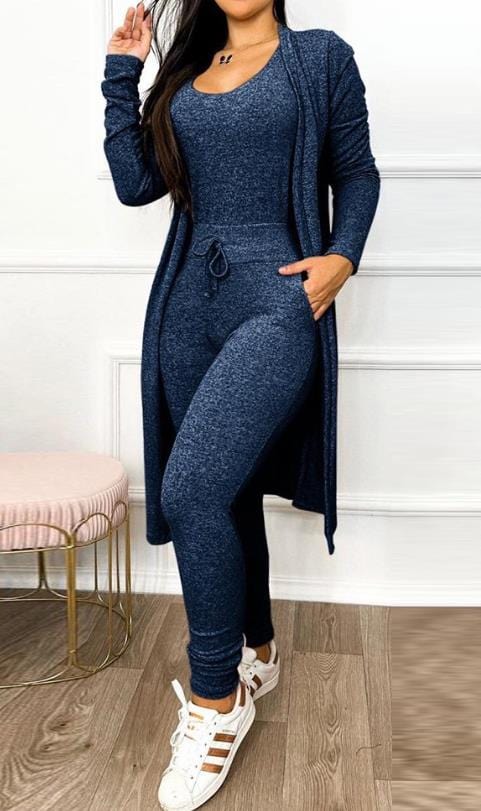  Showlu Fashion Store 0 Two Piece Set Women Outfit 2023 Spring Fashion Drawstring Pocket Design U-Neck Sleeveless Skinny Jumpsuit & Long Sleeve Coat Set