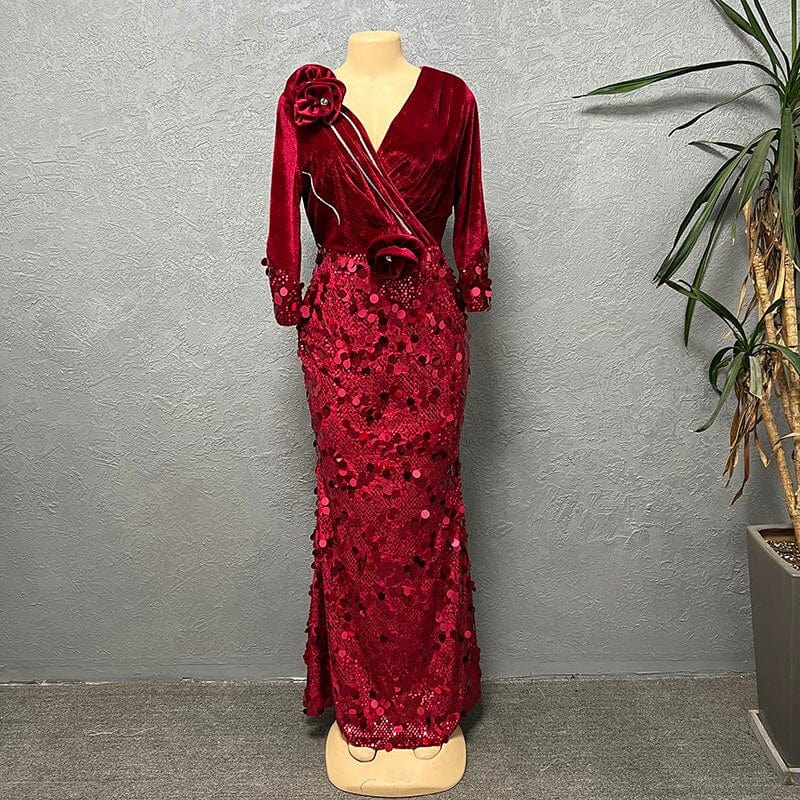 Showlu Fashion Store 0 Velvet African Long Luxury Evening Dresses For Women Fashion Autumn Winter V Neck Sexy Bodycon Sequins Party Dress Vestidos