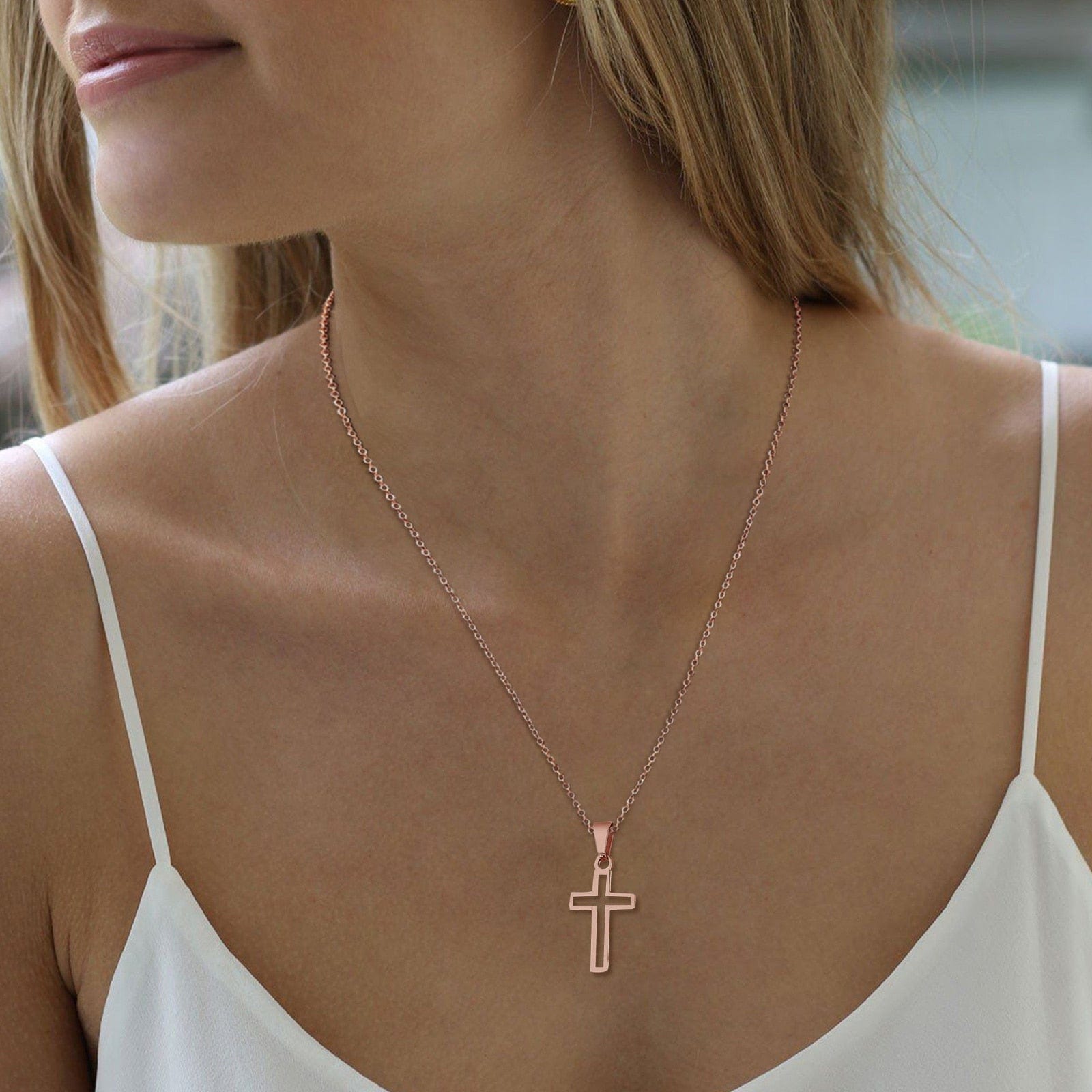 Showlu Fashion Store 0 Vnox Cutout Cross Necklace for Men Women, Stainless Steel Hollow Cross Pendant with 24" Box Chain, Religious Faith Christ Collar