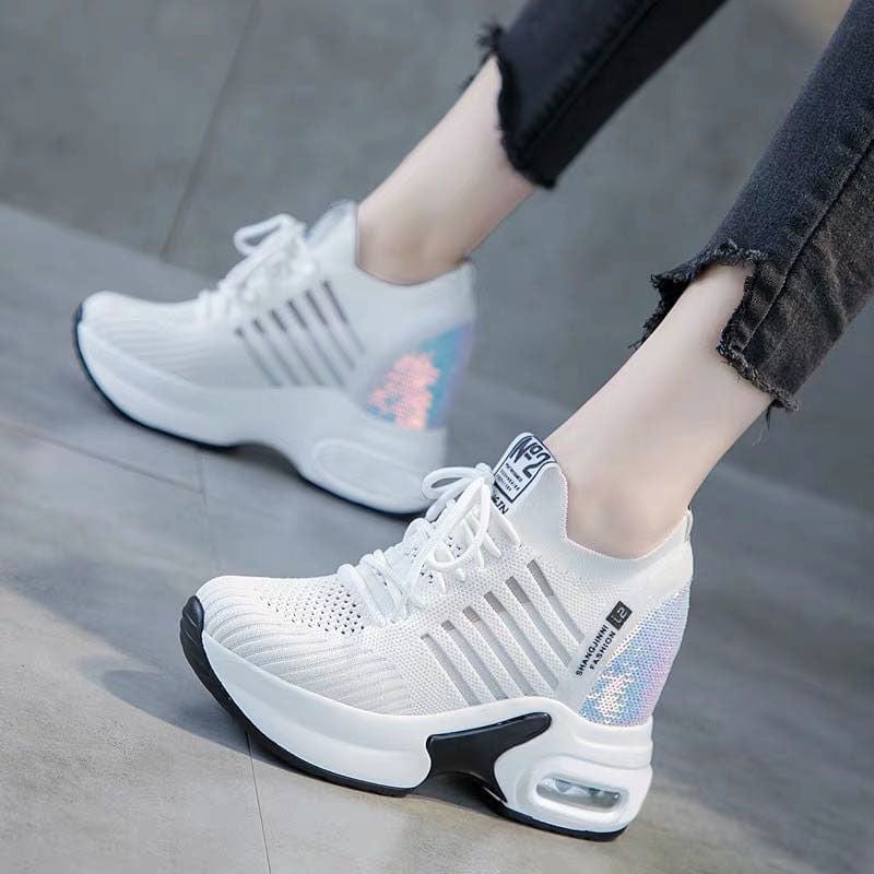 Showlu Fashion Store 0 White 02 / 35 Women Mesh Breathable Casual Sneakers Women Spring Platform Heels Wedges Height Increasing 2023 Knitted Ladies Vulcanized Shoes