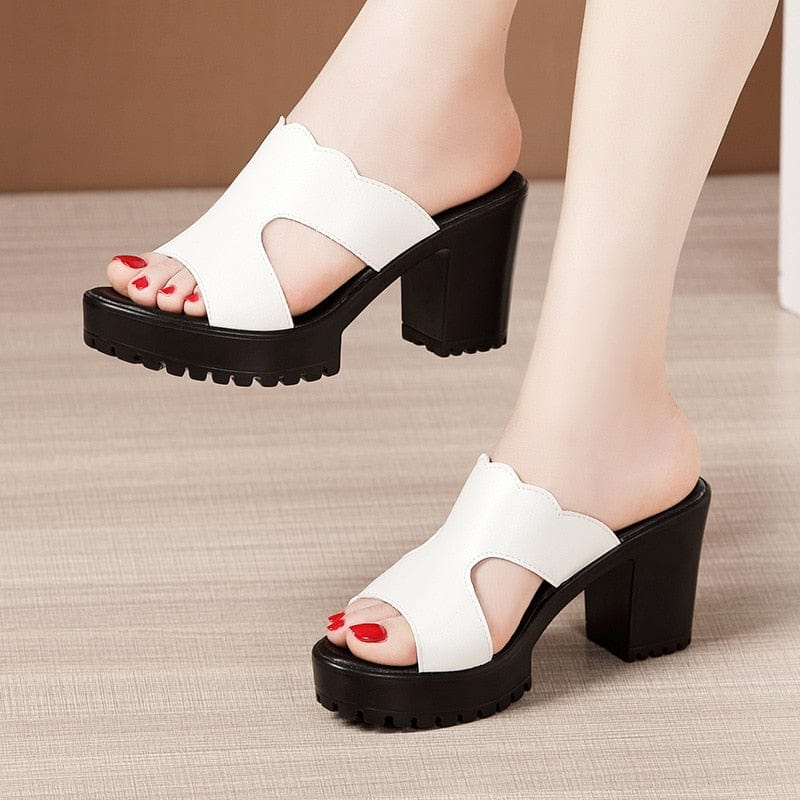 Showlu Fashion Store 0 white-2 / 35 Comemore Slipper Female Block Heel Platform Slippers Slides Women 2022 New High Heels Ladies Office Women's Summer Shoes Sandals