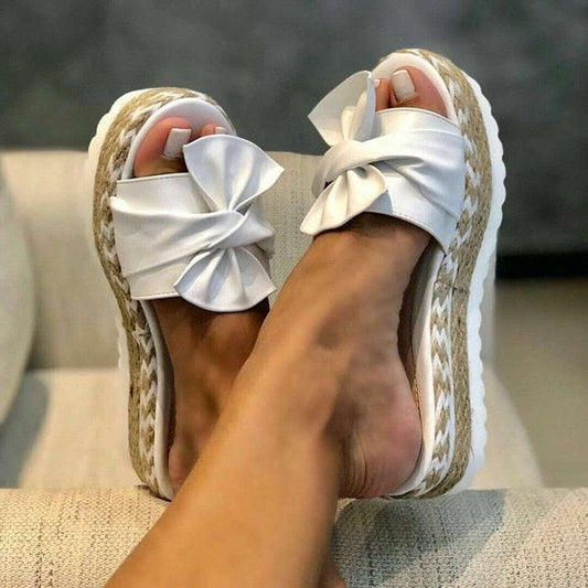 Showlu Fashion Store 0 White / 35 Women Slippers Summer 2022 Platform Wedges Mid Heels Bow Tie Peep Toe Fashion Slides Beach Outdoor Ladies Shoes Zapatos De Mujer