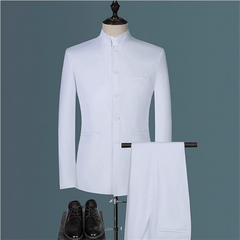 Showlu Fashion Store 0 White / Asian M fit 45-53KG / China Chinese Style Business Standing Collar Suit 2Piece Men Slim Fit Clothing Fashion Men's Wedding Party Dress Suit Jacket and Pants