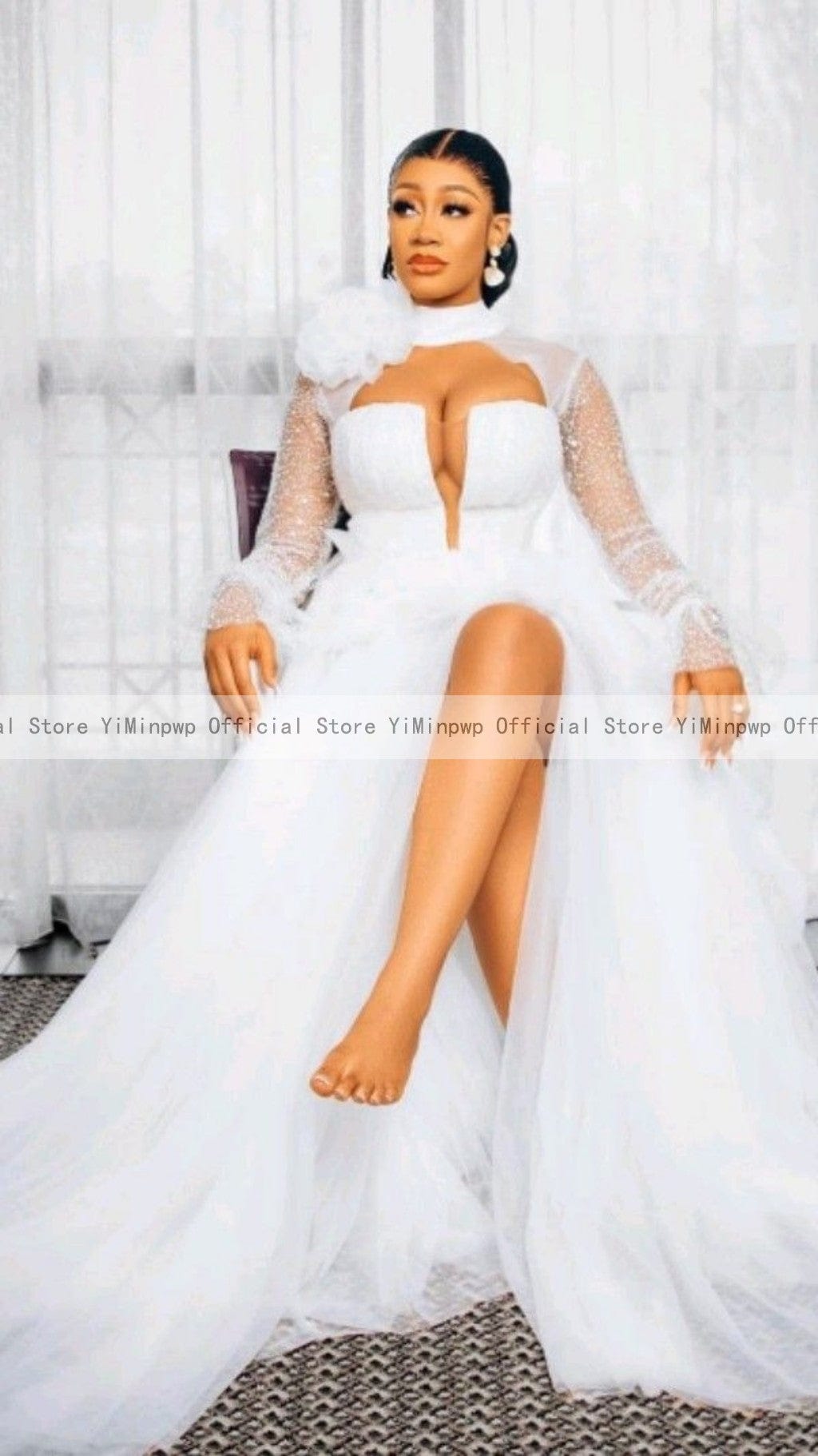 Showlu Fashion Store 0 White Bride Robes High Neck Long Sleeve Side Split Sweep Train Cut-out Tulle Africa First Wedding Dress Bridal Shower Gowns