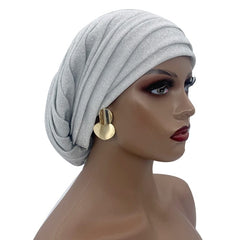 Showlu Fashion Store 0 white Glitter Full Body Pleated Turban Cap for Women 2023 Lady Head Wraps Muslim Headscarf Hat Turbante Mujer African Headpiece