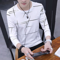 Showlu Fashion Store 0 White / M(45-53kg) Fashion O-Neck Casual Printed T-Shirt Men's Clothing 2023 Spring New Loose Korean Pullovers Long Sleeve All-match Tee Shirt