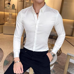 Showlu Fashion Store 0 White / M Plain Long Sleeve Shirts and Blouses for Men Business Silk Summer Button Man Tops Fashion 2023 Social High Quality Clothing S I