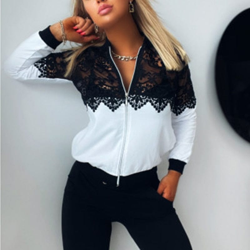 Showlu Fashion Store 0 White / S Autumn Women Casual Colorblock Round Neck Jackets Night Out Sexy Tops Guipure Lace Zipper Front Long Sleeve Coat