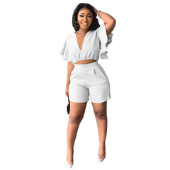 Showlu Fashion Store 0 White / S Fashion Two Piece Set Women Sexy V Neck Ruffles Sleeve Crop Top &amp; Pockets Shorts Suit  Summer Street Solid Tracksuit Outfits