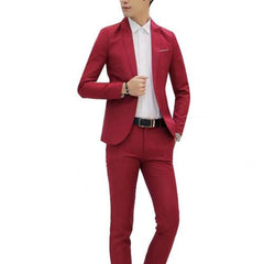 Showlu Fashion Store 0 Wine Red / M 2Pcs/ 1 Set Fashion Men Solid Color Lapel Button Long Sleeve Slim Blazer Suit Pants for Men Wedding Office Meeting Male Clothing