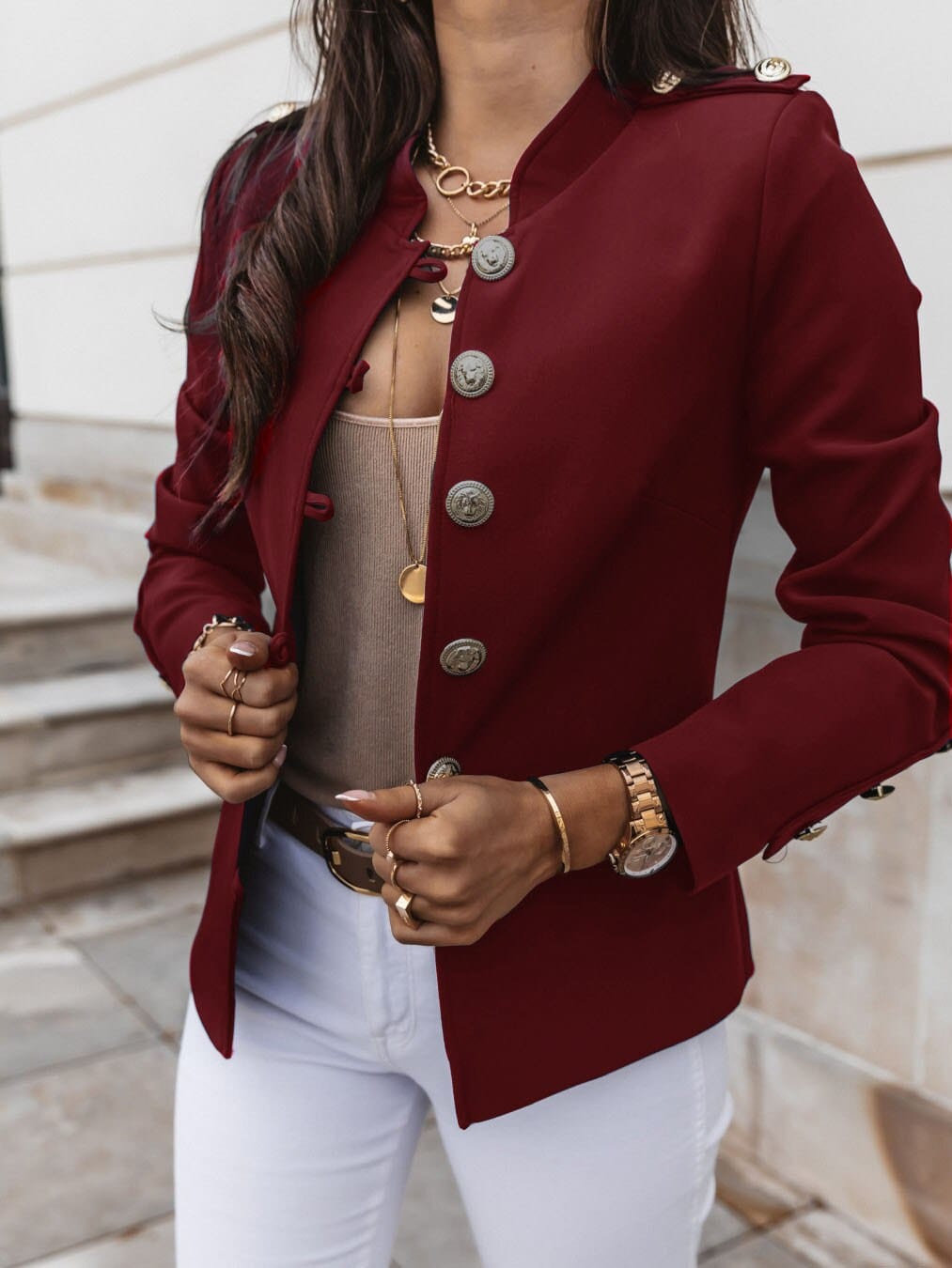 Showlu Fashion Store 0 wine red / S New Fashion Stand Collar Blazers Women Solid Colors Single Breasted Office Jacket 2023 Long Sleeve Multi Button Slim Work Blazer