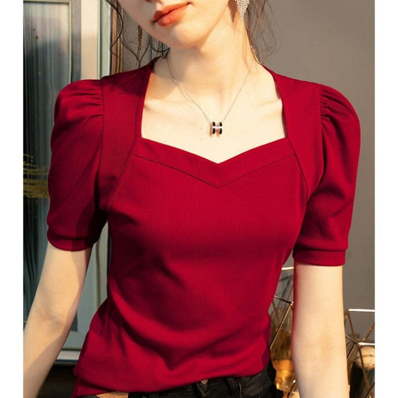 Showlu Fashion Store 0 Woman's Clothing Spring Summer Style Basic T-Shirts Tops Lady Slim Short Puff Sleeve Square Collar Blouse Tops SS062