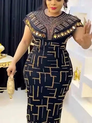 Showlu Fashion Store 0 Women Bodycon Party Dress O Neck Shiny African Elegant Luxury Rihnestone Patchwork Shiny Large Size Ladies Gowns Summer  New