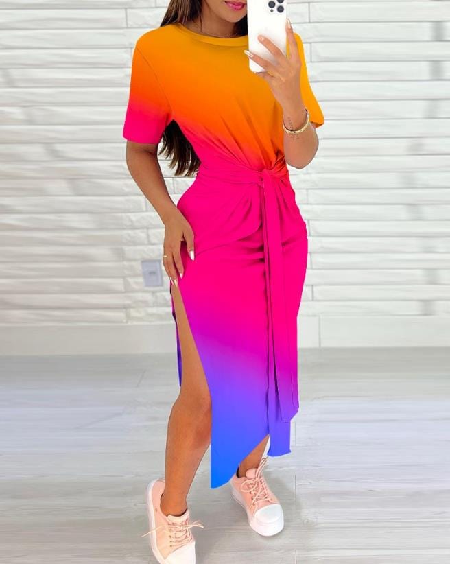 Showlu Fashion Store 0 Women Fashion Rainbow Ombre Vacation Dress European &amp; American Women&#39;s Clothing Tied Detail Summer Slit Casual Mid-Calf Dresses