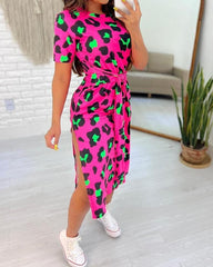 Showlu Fashion Store 0 Women's Fashion Dresses 2023 New Summer Sexy Pink Leopard Print Tied Detail Slit Side Split Skirt Casual Waist Retraction Dress