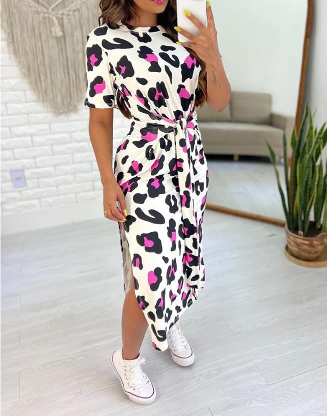 Showlu Fashion Store 0 Women's Fashion Dresses 2023 New Summer Sexy Pink Leopard Print Tied Detail Slit Side Split Skirt Casual Waist Retraction Dress