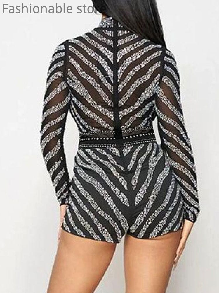 Showlu Fashion Store 0 Women Sexy Romper Half High Collar Rhinestone Detail Mesh Long Sleeve Straight Playsuits