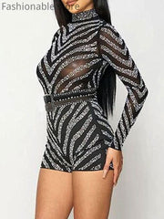 Showlu Fashion Store 0 Women Sexy Romper Half High Collar Rhinestone Detail Mesh Long Sleeve Straight Playsuits