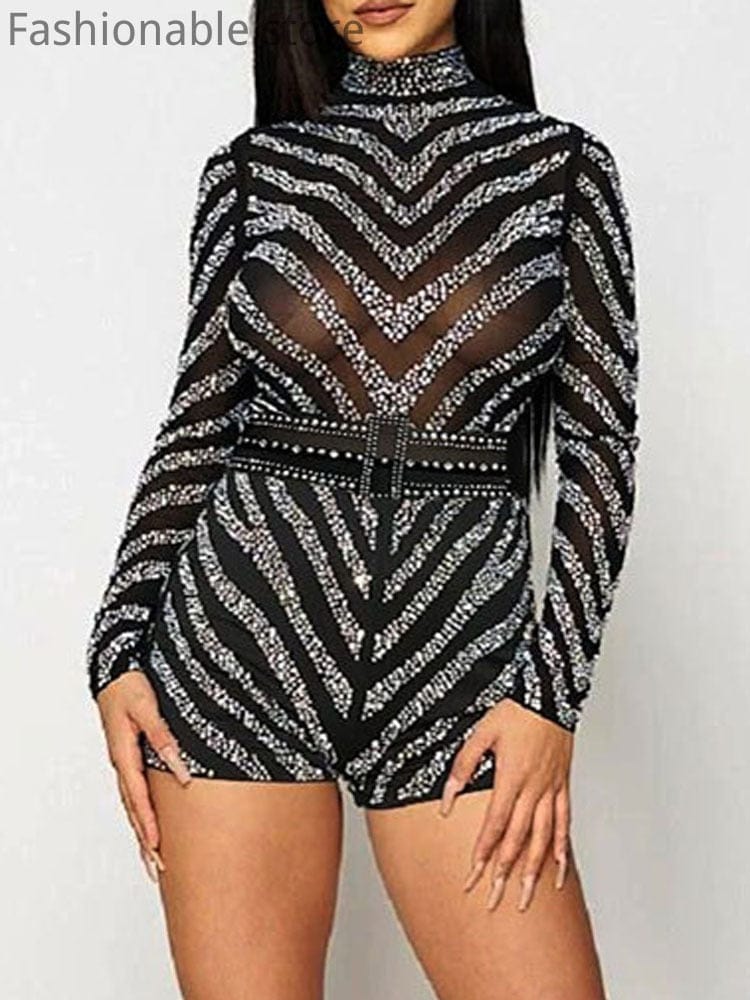 Showlu Fashion Store 0 Women Sexy Romper Half High Collar Rhinestone Detail Mesh Long Sleeve Straight Playsuits