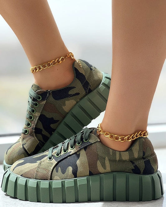 Showlu Fashion Store 0 Women Shoes Casual Shoes Round Toe Sport Wear Camouflage Print Platform Lace-up Canvas Sneakers