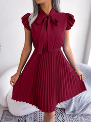 Showlu Fashion Store 0 Women Summer Elegant Bow Ruffles Short Sleeve Pleated Dress