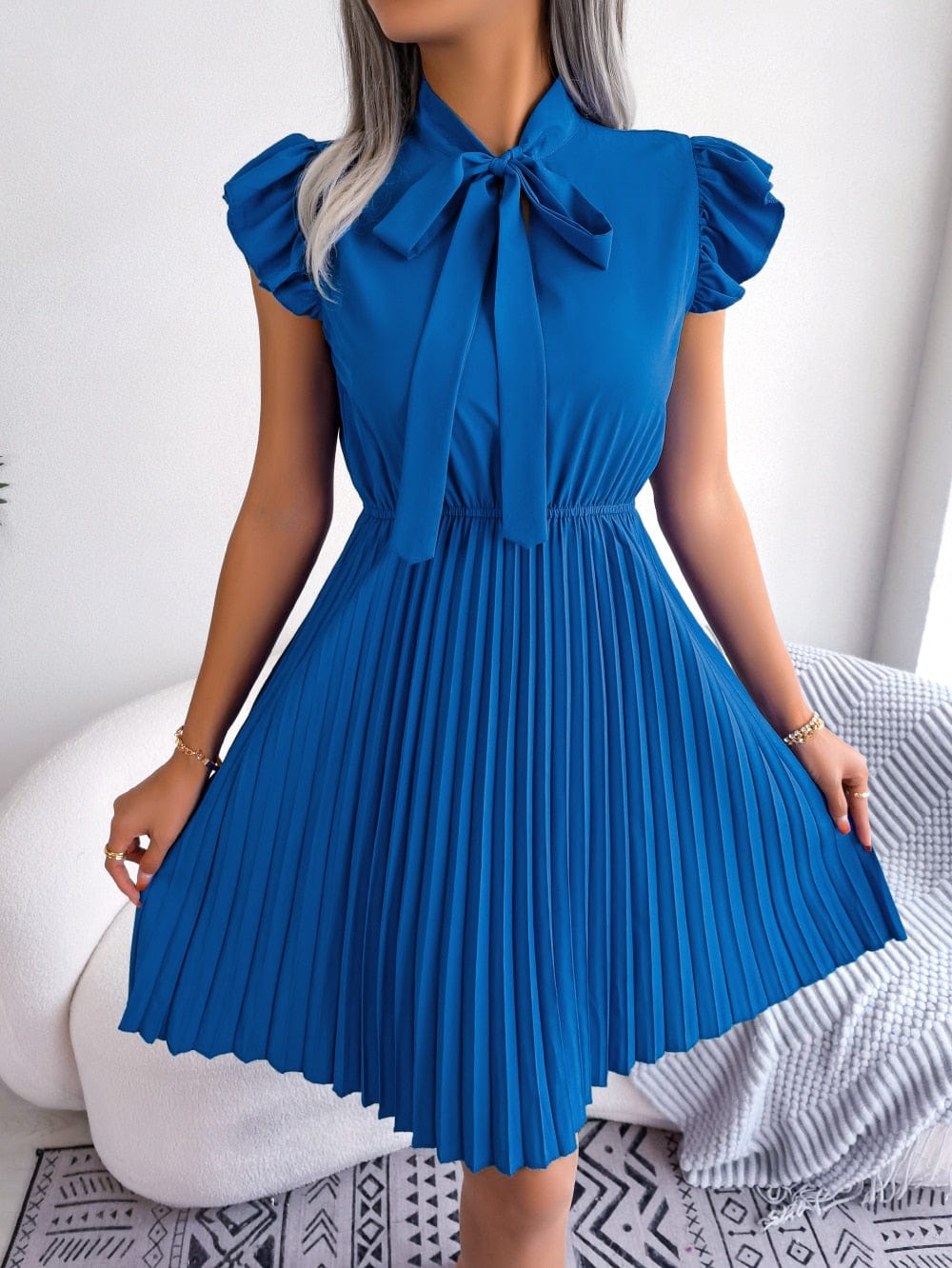 Showlu Fashion Store 0 Women Summer Elegant Bow Ruffles Short Sleeve Pleated Dress