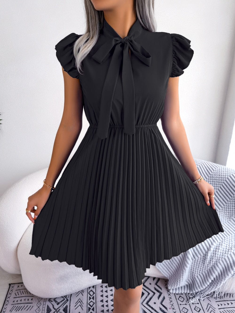 Showlu Fashion Store 0 Women Summer Elegant Bow Ruffles Short Sleeve Pleated Dress