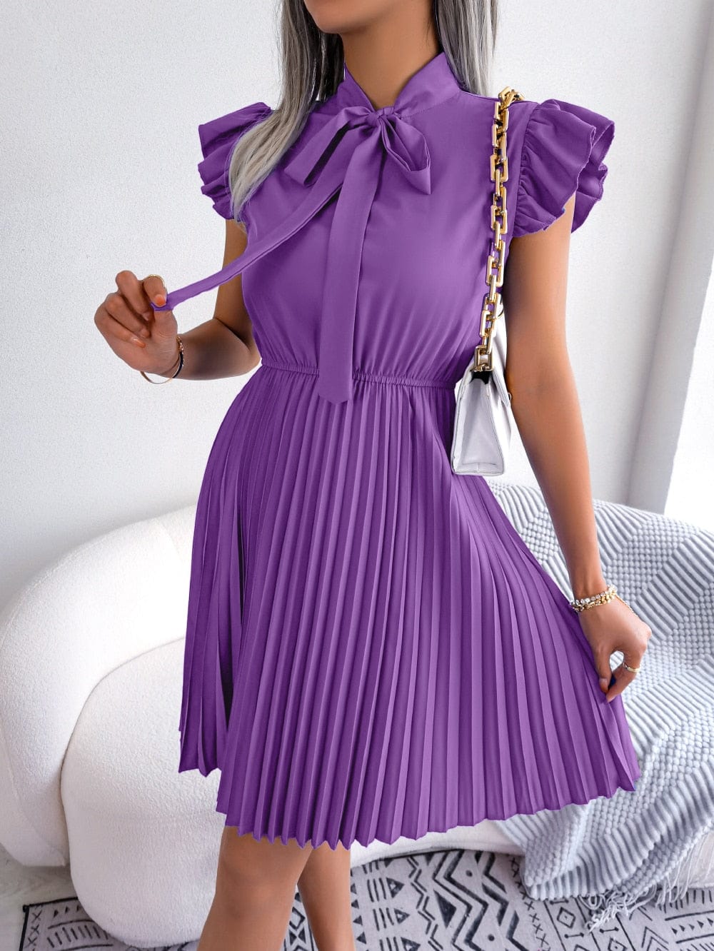 Showlu Fashion Store 0 Women Summer Elegant Bow Ruffles Short Sleeve Pleated Dress