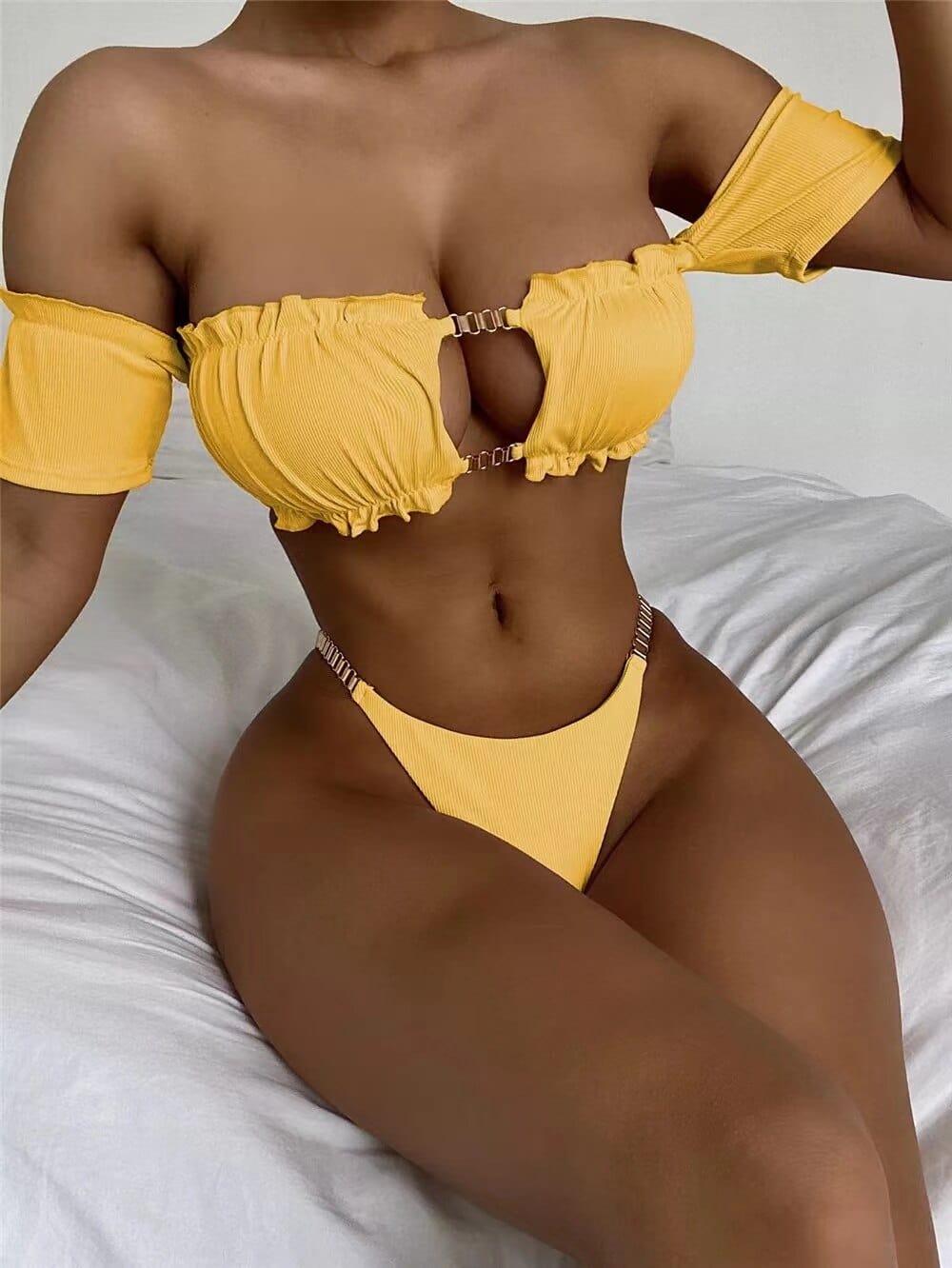 Showlu Fashion Store 0 Yellow / M Solid Off-Shoulder Bikini Set"