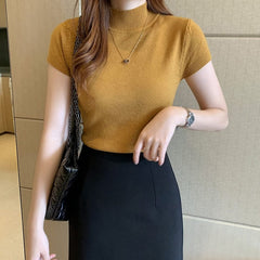  Showlu Fashion Store 0 yellow / One Size Spring Summer Women Knitted T-Shirts Short Sleeve Shirts Tops Female Elastic Slim Casual Knit Tee Crop Tops Women's T-Shirts