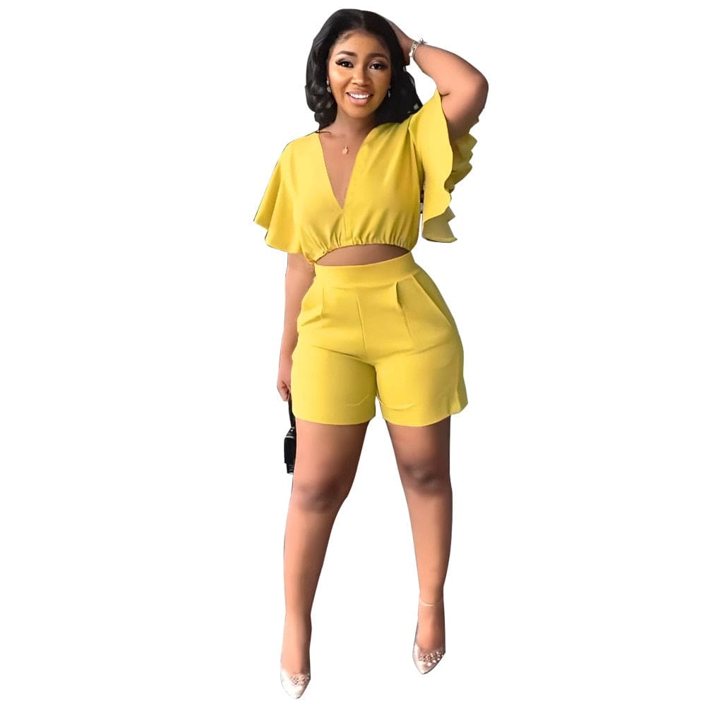 Showlu Fashion Store 0 Yellow / S Fashion Two Piece Set Women Sexy V Neck Ruffles Sleeve Crop Top &amp; Pockets Shorts Suit  Summer Street Solid Tracksuit Outfits