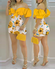 Showlu Fashion Store 0 Yellow / S Summer Fashion Holiday Floral Print Off Shoulder Knotted Puff Sleeve Skinny Shorts Skorts Fairy Casual One Piece Women Romper